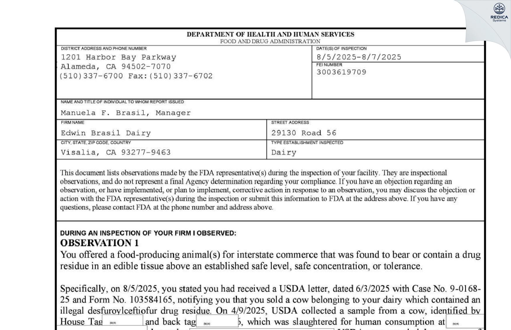 FDA 483 - Edwin Brasil Dairy [Visalia / United States of America] - Download PDF - Redica Systems