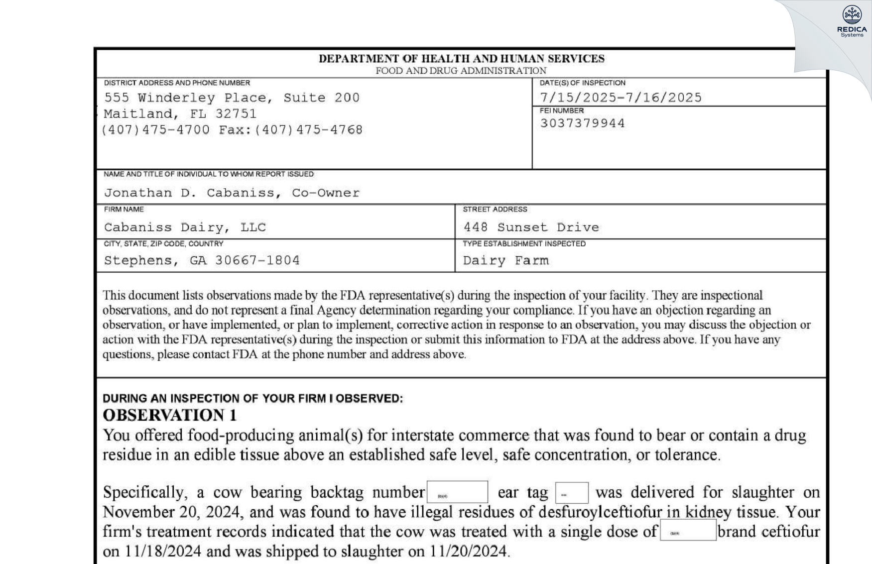FDA 483 - Cabaniss Dairy, LLC [Stephens / United States of America] - Download PDF - Redica Systems