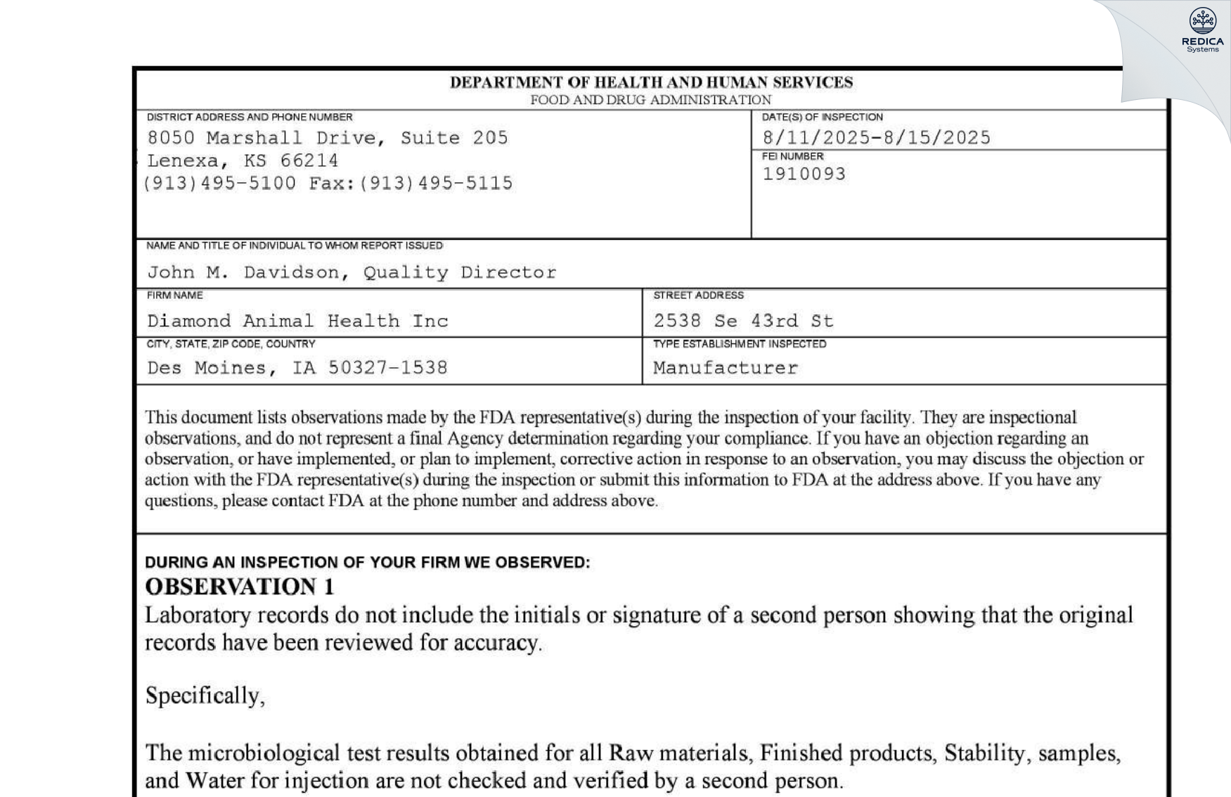 FDA 483 - Diamond Animal Health, Inc. [Pleasant Hill / United States of America] - Download PDF - Redica Systems