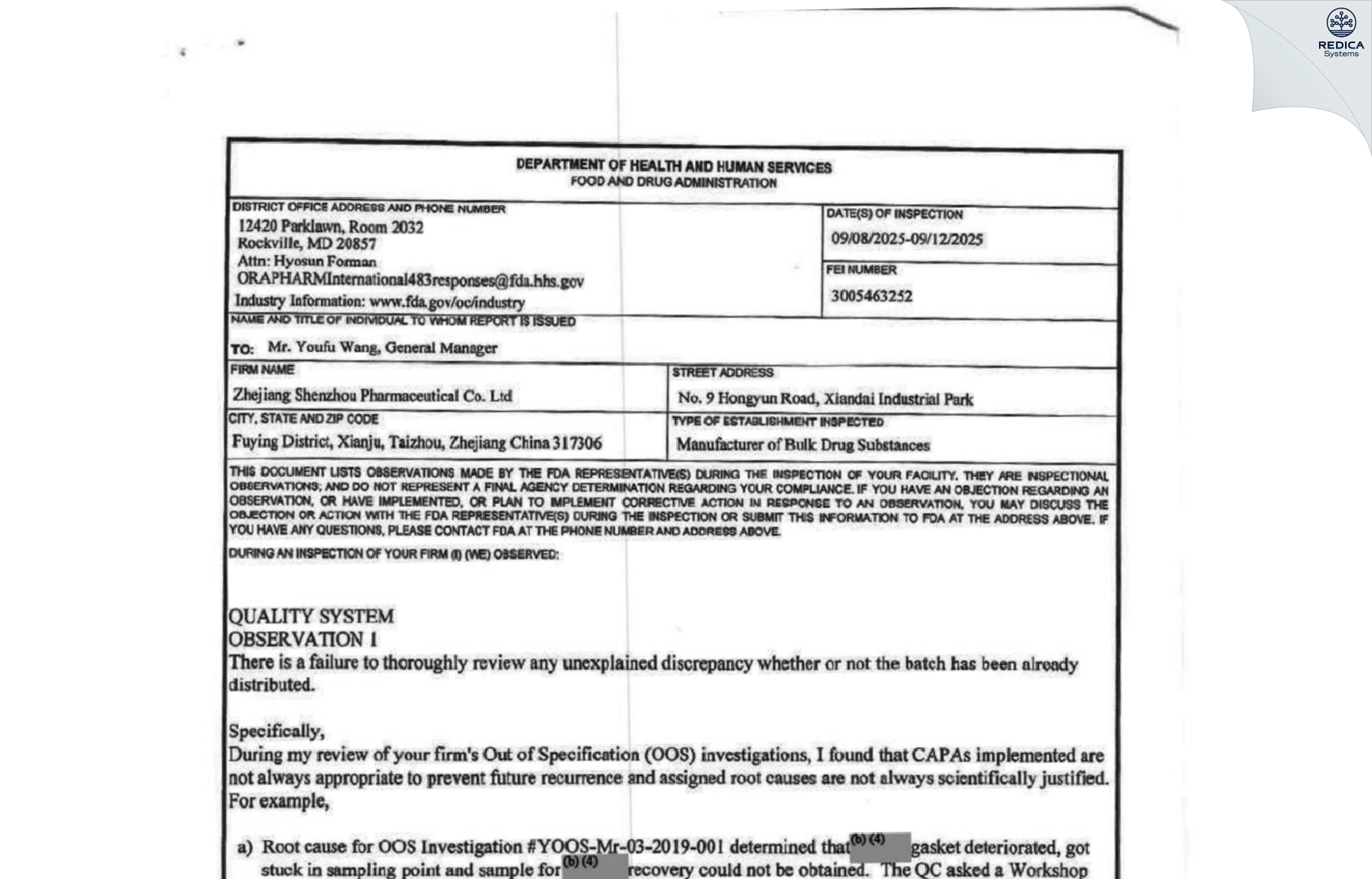 FDA 483 - Zhejiang Shenzhou Pharmaceutical Co., Ltd. [Xianju / China] - Download PDF - Redica Systems