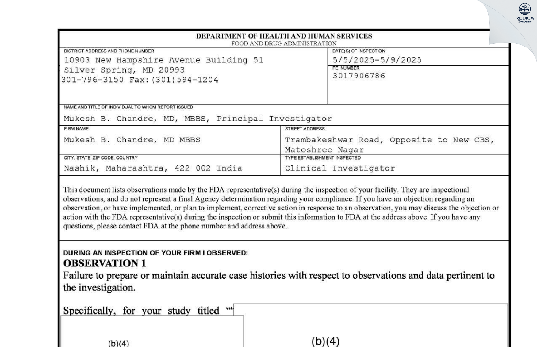 FDA 483 - Mukesh B. Chandre, MD MBBS [Ulhasnagar / India] - Download PDF - Redica Systems