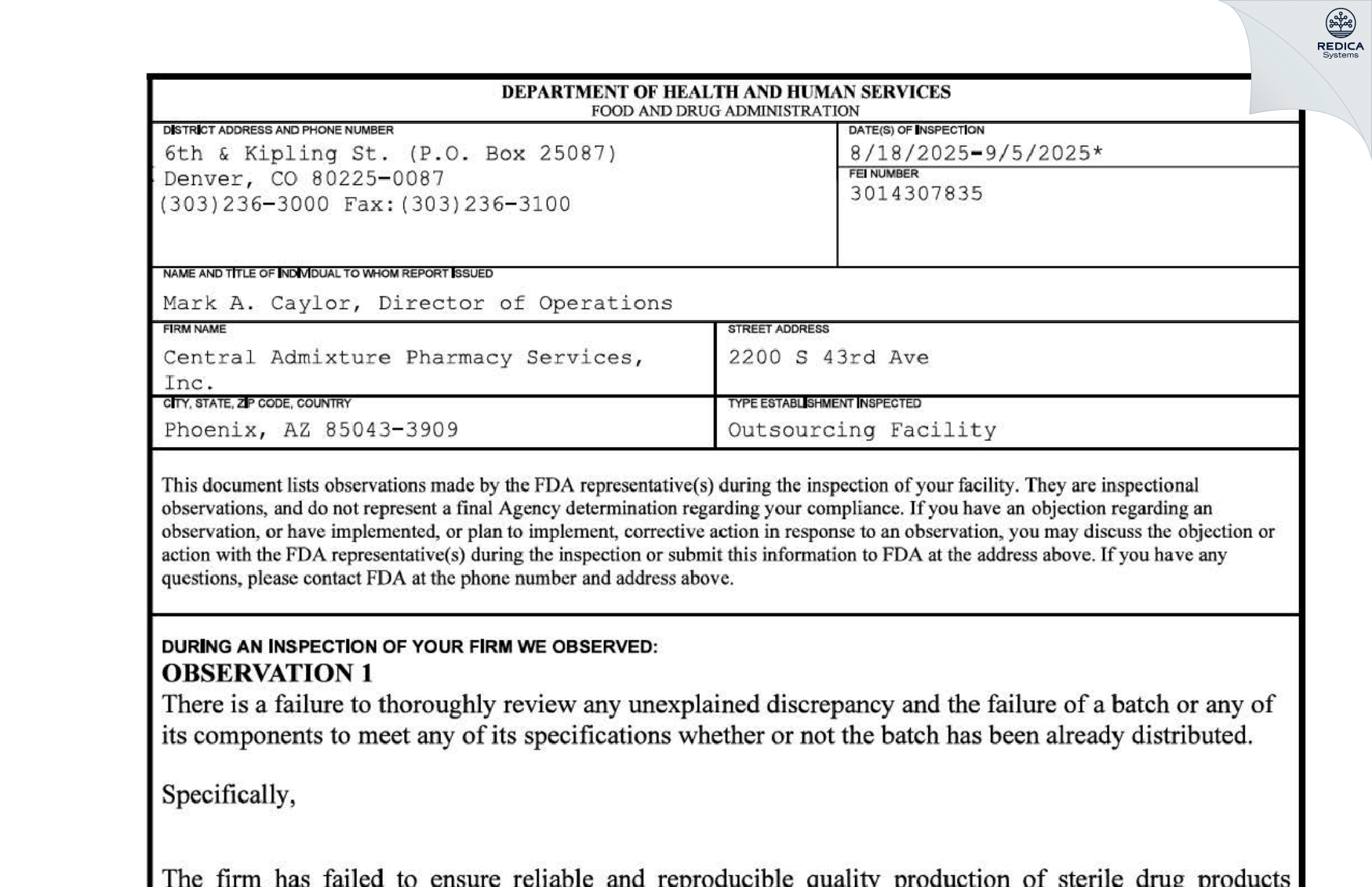 FDA 483 - Central Admixture Pharmacy Services, Inc. [Phoenix / United States of America] - Download PDF - Redica Systems