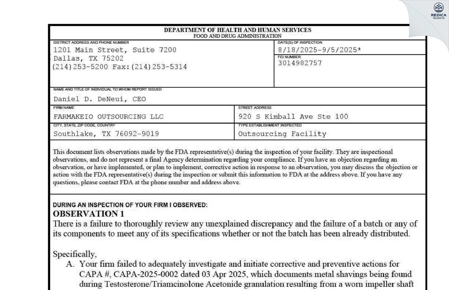 FDA 483 - FARMAKEIO OUTSOURCING LLC [Southlake / United States of America] - Download PDF - Redica Systems