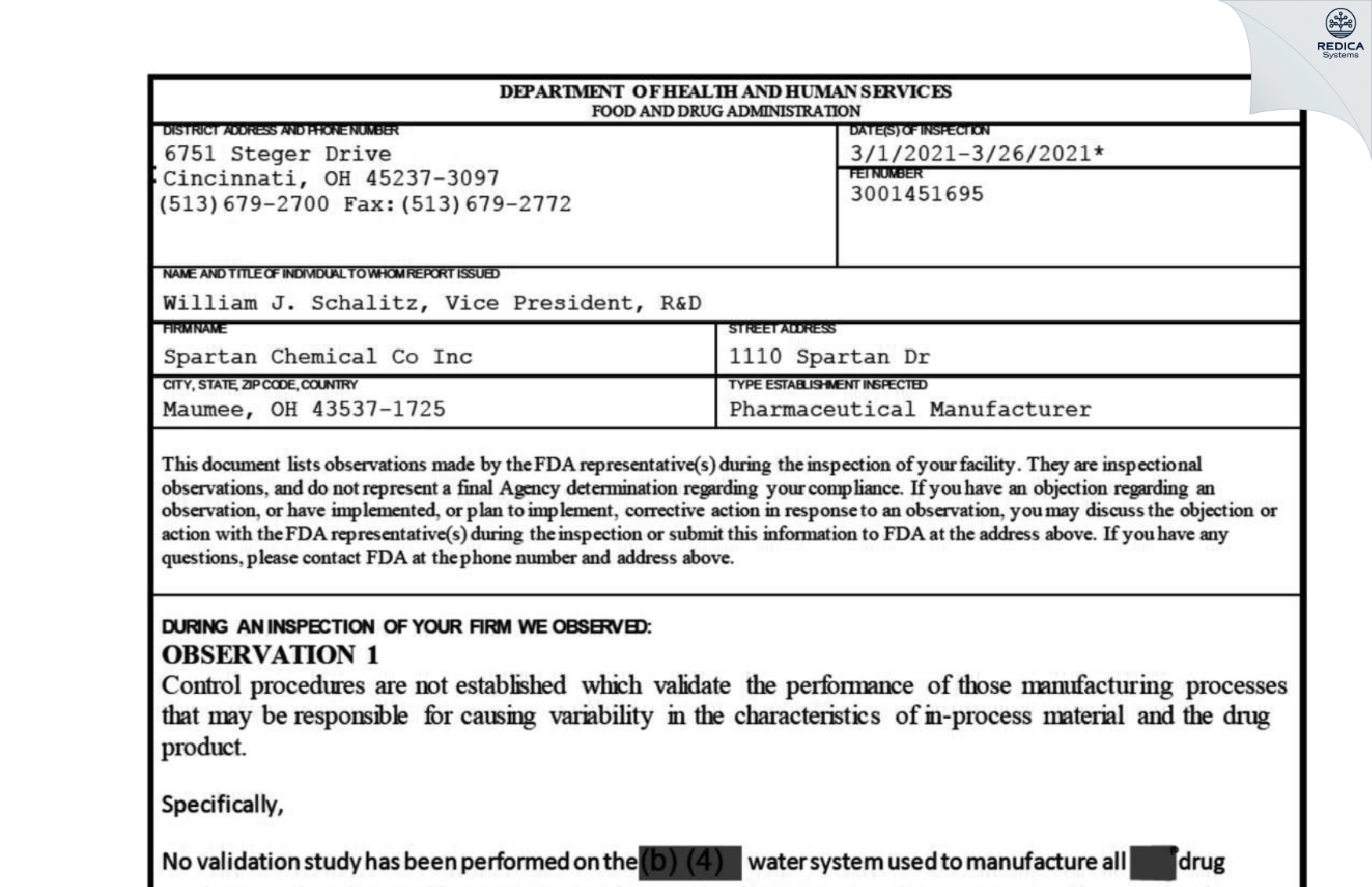 FDA 483 - Spartan Chemical Company, Inc. [Maumee / United States of America] - Download PDF - Redica Systems