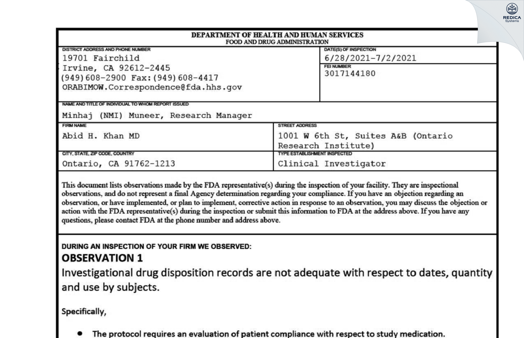 FDA 483 - Abid H. Khan MD [Ontario / United States of America] - Download PDF - Redica Systems