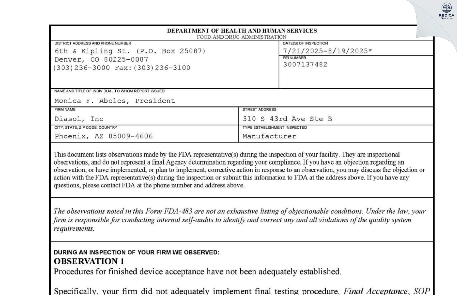 FDA 483 - Diasol, Inc [Phoenix / United States of America] - Download PDF - Redica Systems