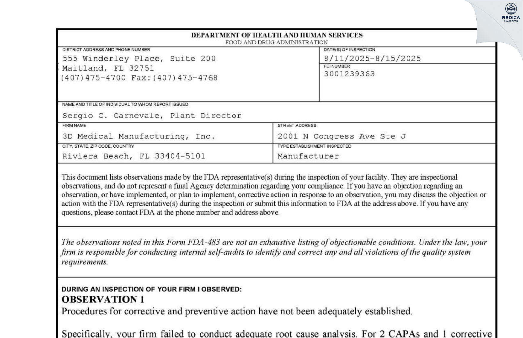FDA 483 - 3D Medical Manufacturing, Inc. [Riviera Beach / United States of America] - Download PDF - Redica Systems