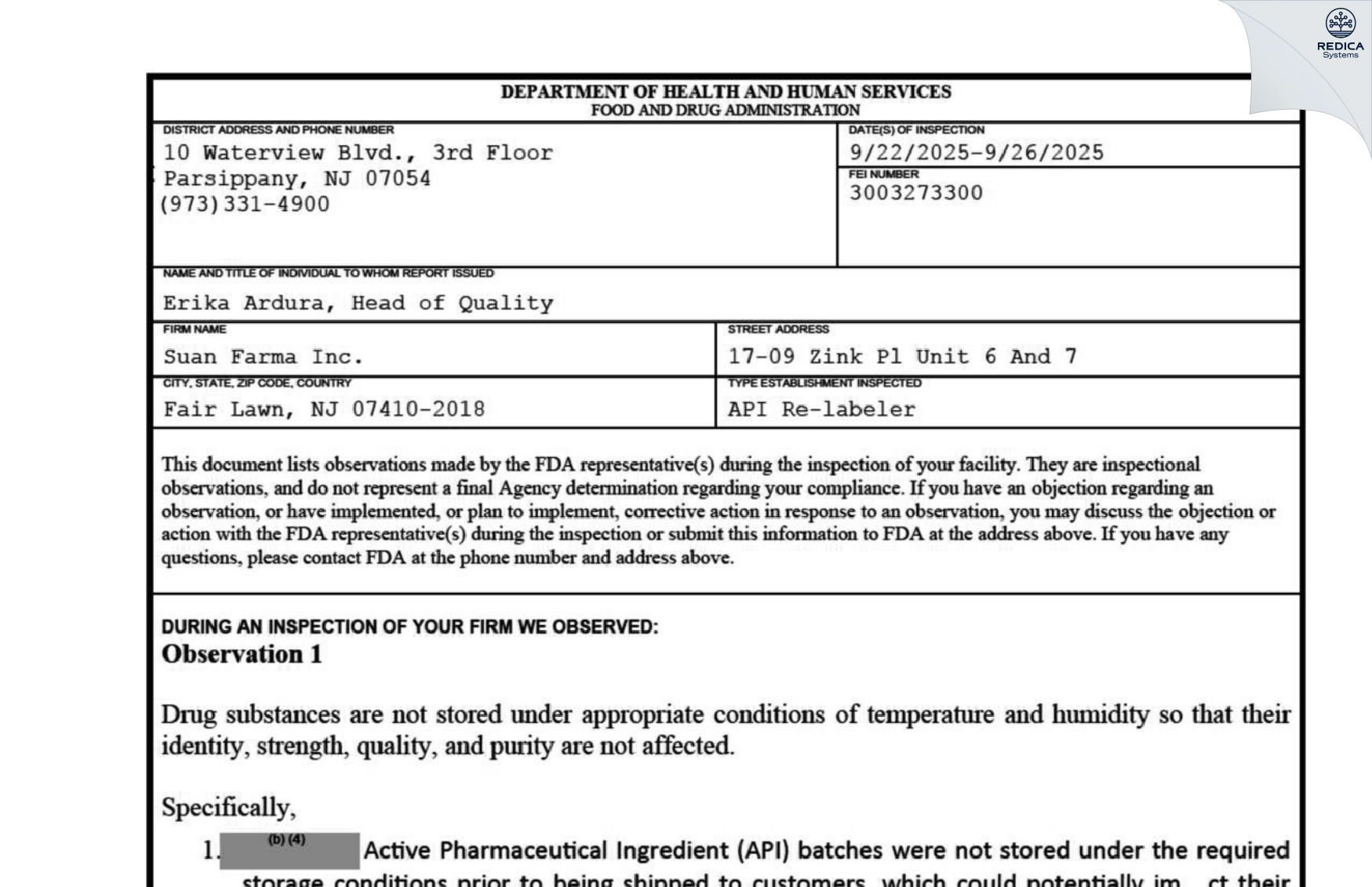 FDA 483 - SUAN FARMA INC [Fair Lawn / United States of America] - Download PDF - Redica Systems