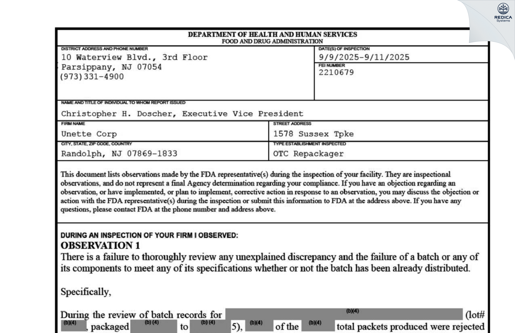 FDA 483 - Unette Corporation [Randolph / United States of America] - Download PDF - Redica Systems