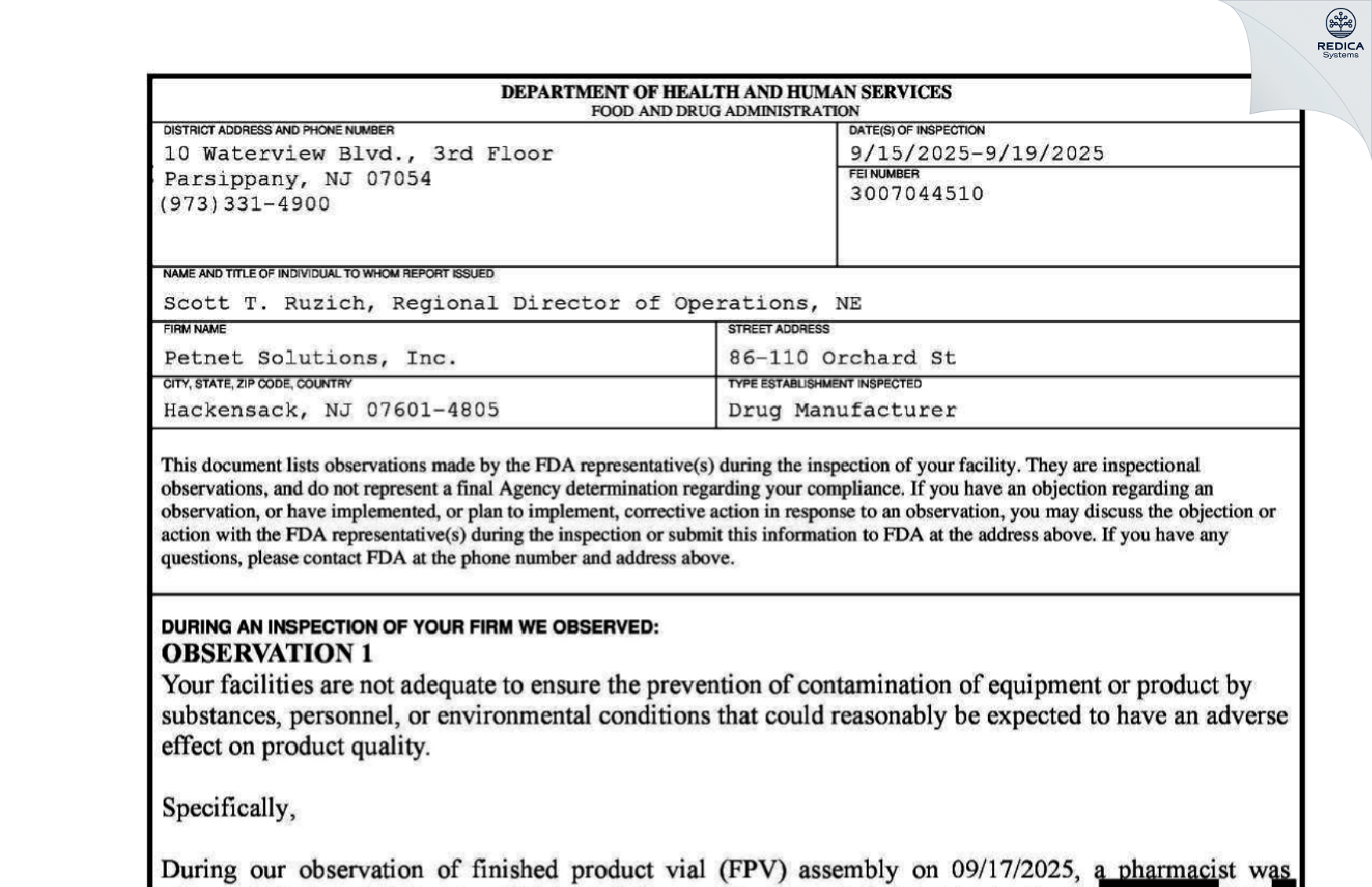 FDA 483 - PETNET SOLUTIONS, INC. [Hackensack / United States of America] - Download PDF - Redica Systems
