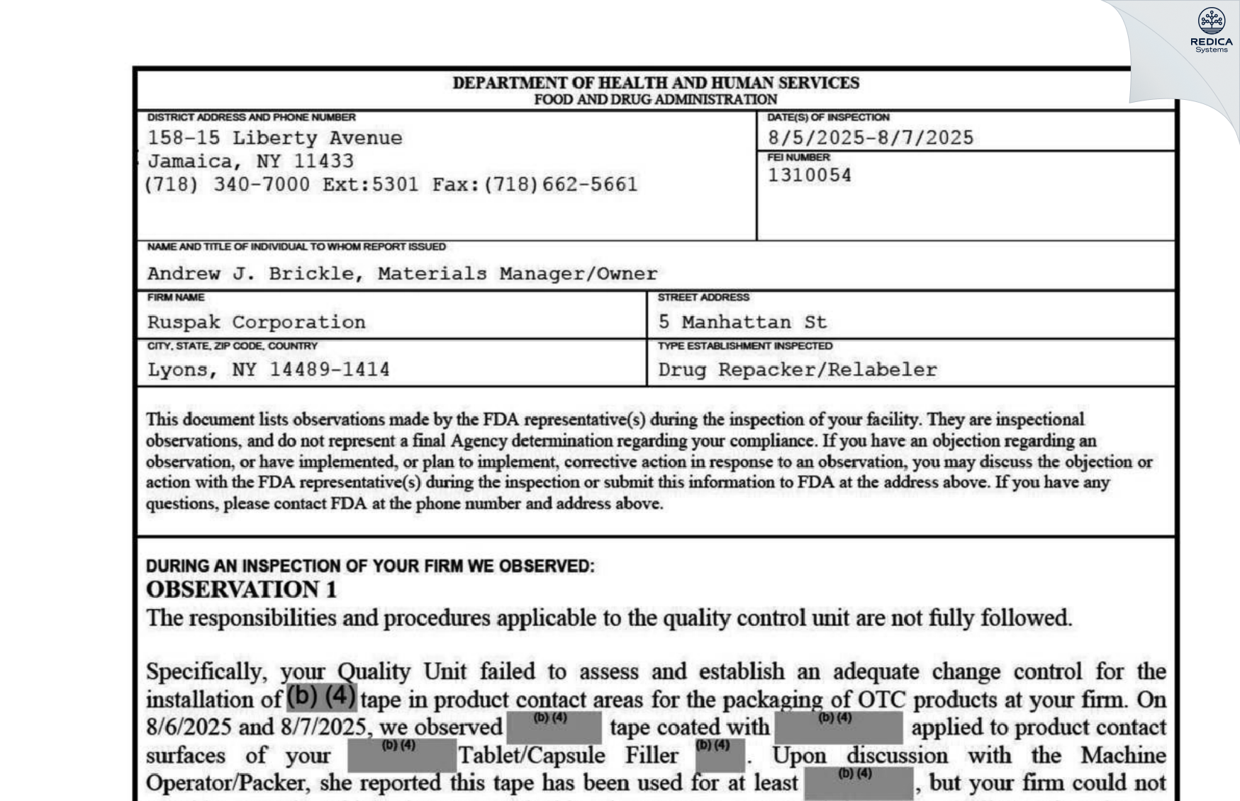 FDA 483 - Ruspak Corporation [Manhattan / United States of America] - Download PDF - Redica Systems