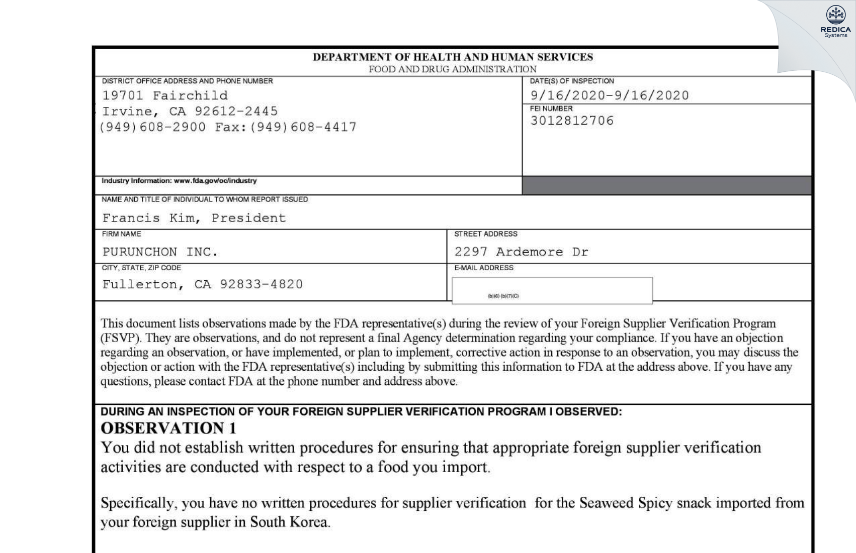 FDA 483 - Purunchon, Inc [Fullerton / United States of America] - Download PDF - Redica Systems