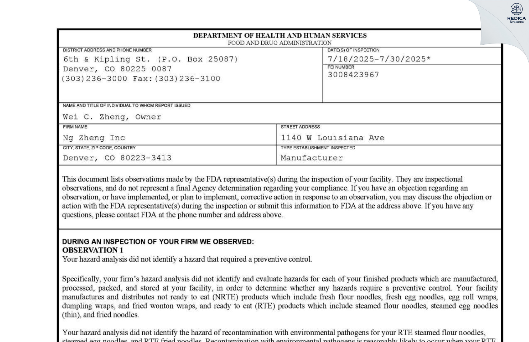 FDA 483 - NG Zheng, Inc [Denver / United States of America] - Download PDF - Redica Systems
