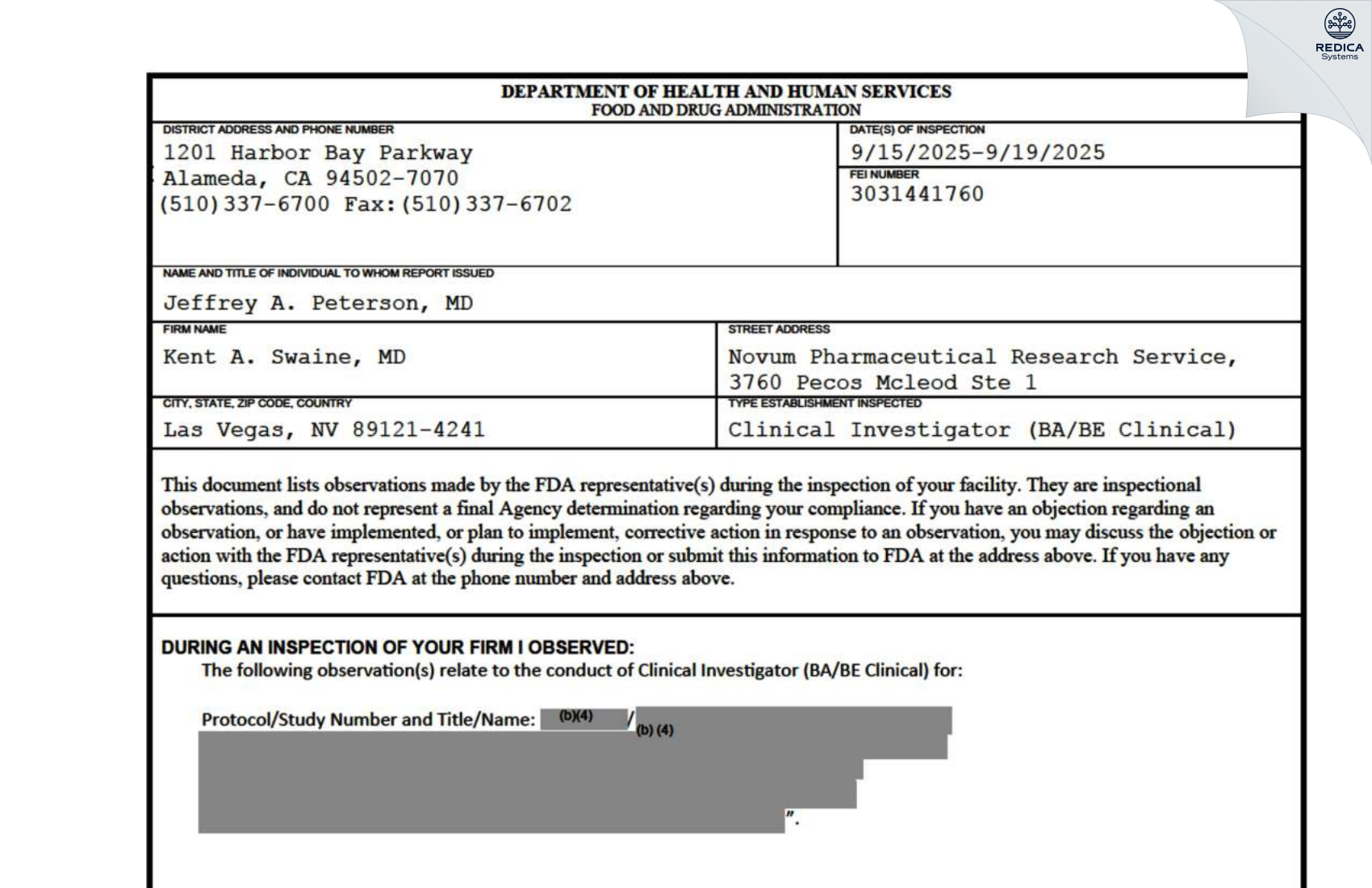 FDA 483 - Kent A. Swaine Md [Las Vegas / United States of America] - Download PDF - Redica Systems