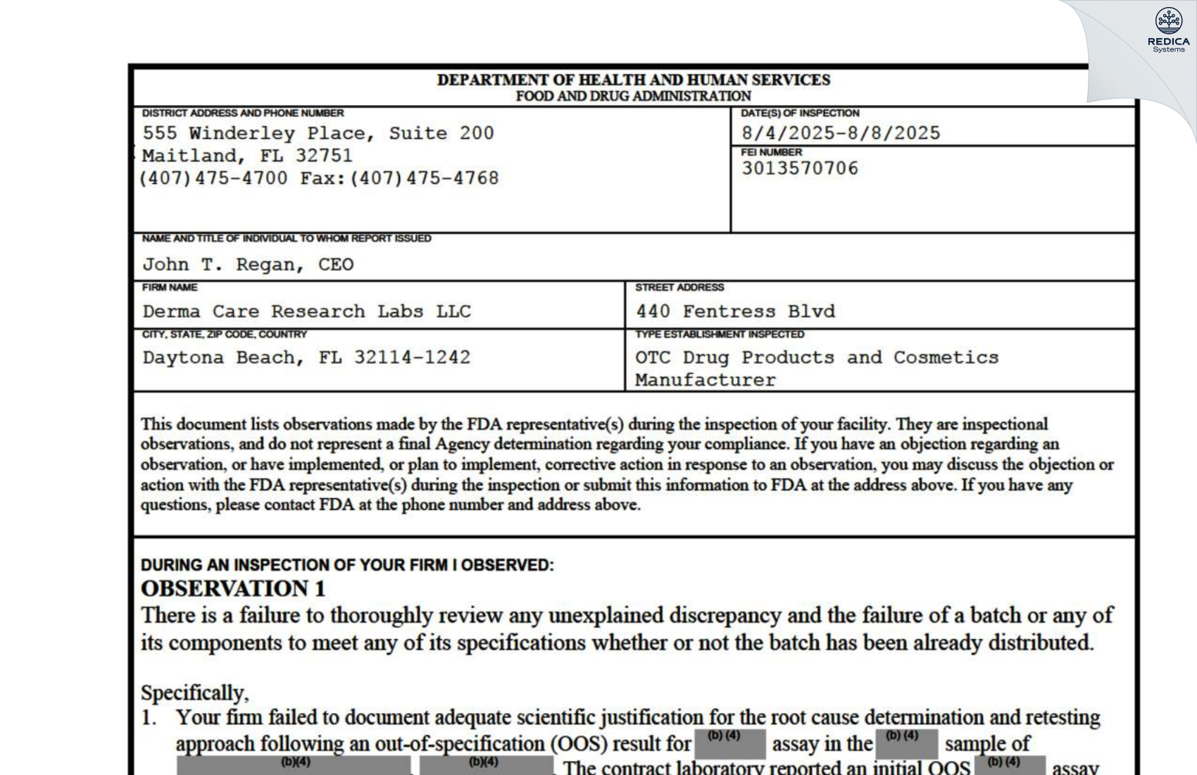 FDA 483 - Derma Care Research Labs, LLC [Daytona Beach / United States of America] - Download PDF - Redica Systems