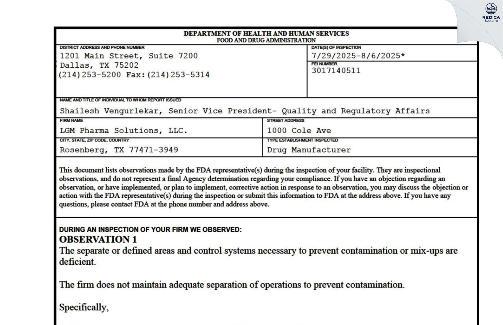 FDA 483 - LGM Pharma Solutions, LLC [Rosenberg / United States of America] - Download PDF - Redica Systems