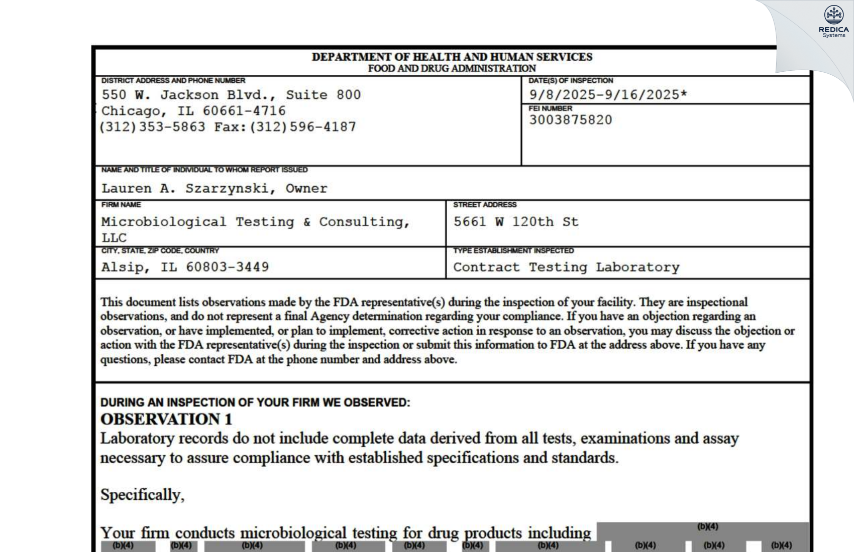 FDA 483 - Microbiological Testing & Consulting, LLC [Chicago / United States of America] - Download PDF - Redica Systems