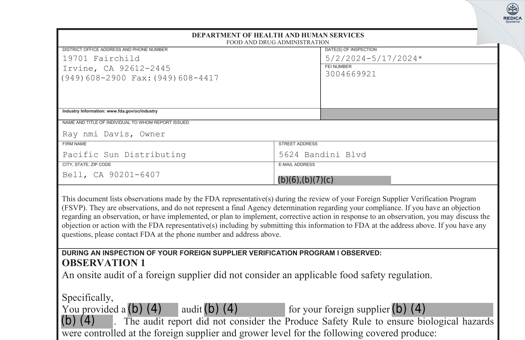FDA 483 - Pacific Sun Distributing [Bell / United States of America] - Download PDF - Redica Systems