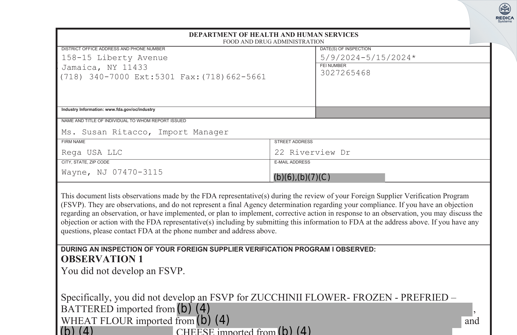 FDA 483 - Rega USA LLC [Wayne / United States of America] - Download PDF - Redica Systems