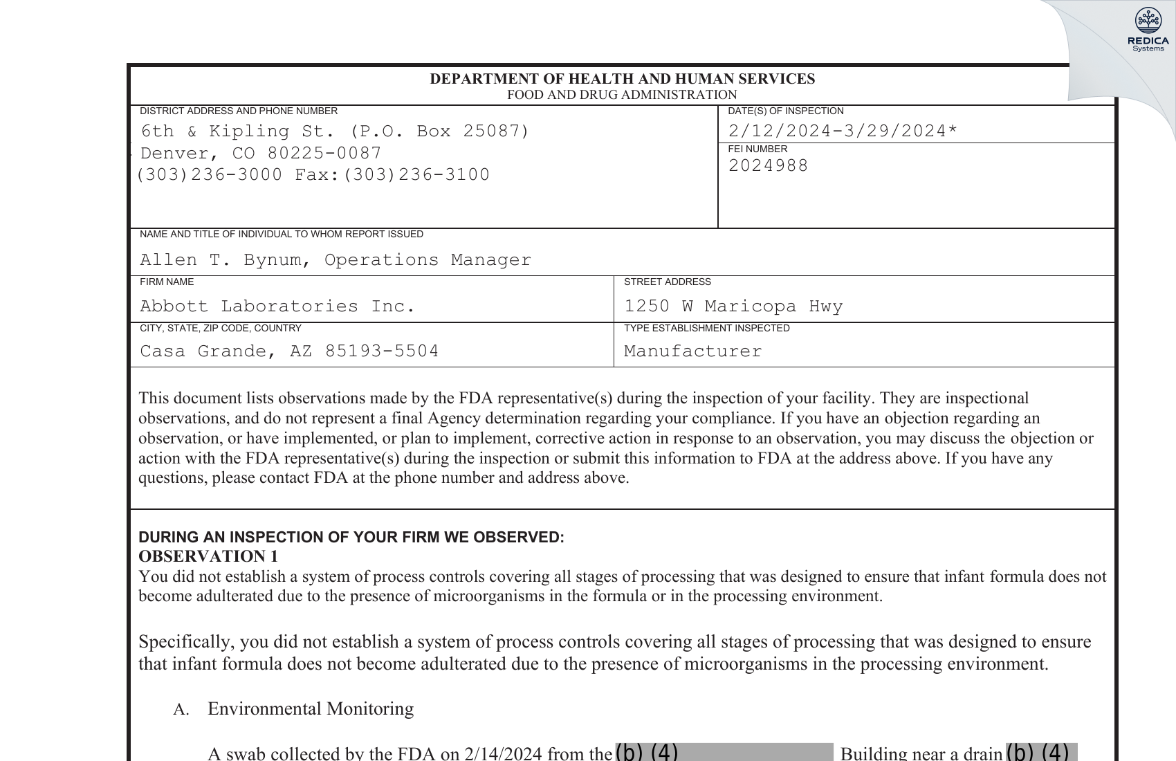 FDA 483 - Abbott Laboratories Inc. [Casa Grande / United States of America] - Download PDF - Redica Systems