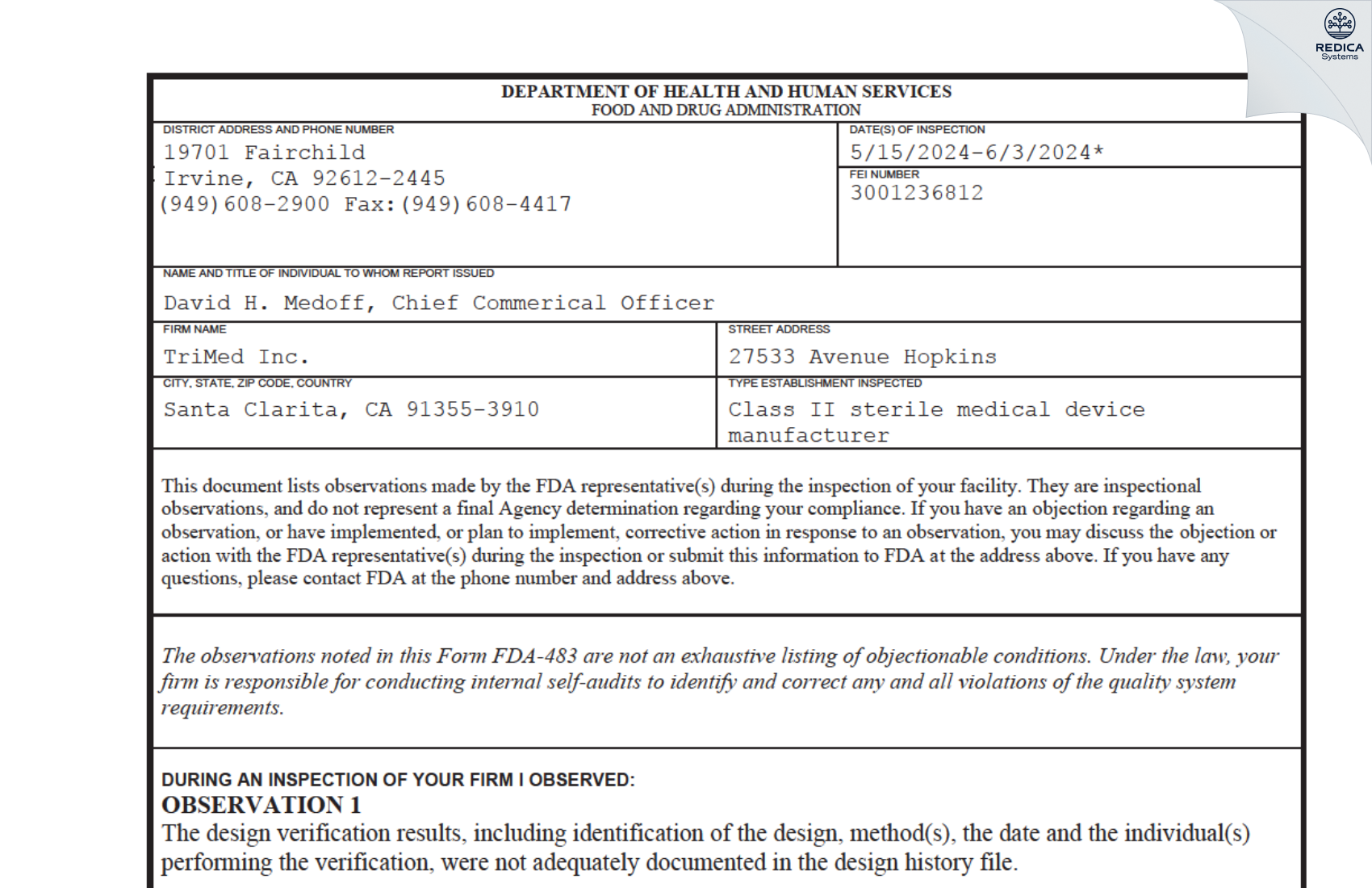FDA 483 - TriMed Inc. [Valencia / United States of America] - Download PDF - Redica Systems