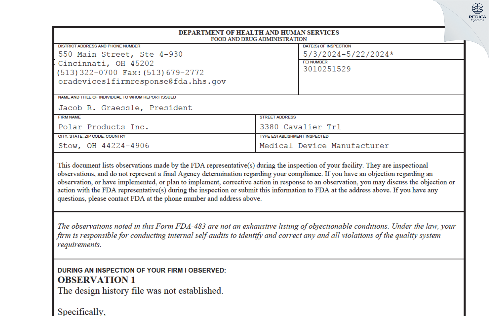 FDA 483 - Polar Products Inc. [Stow / United States of America] - Download PDF - Redica Systems