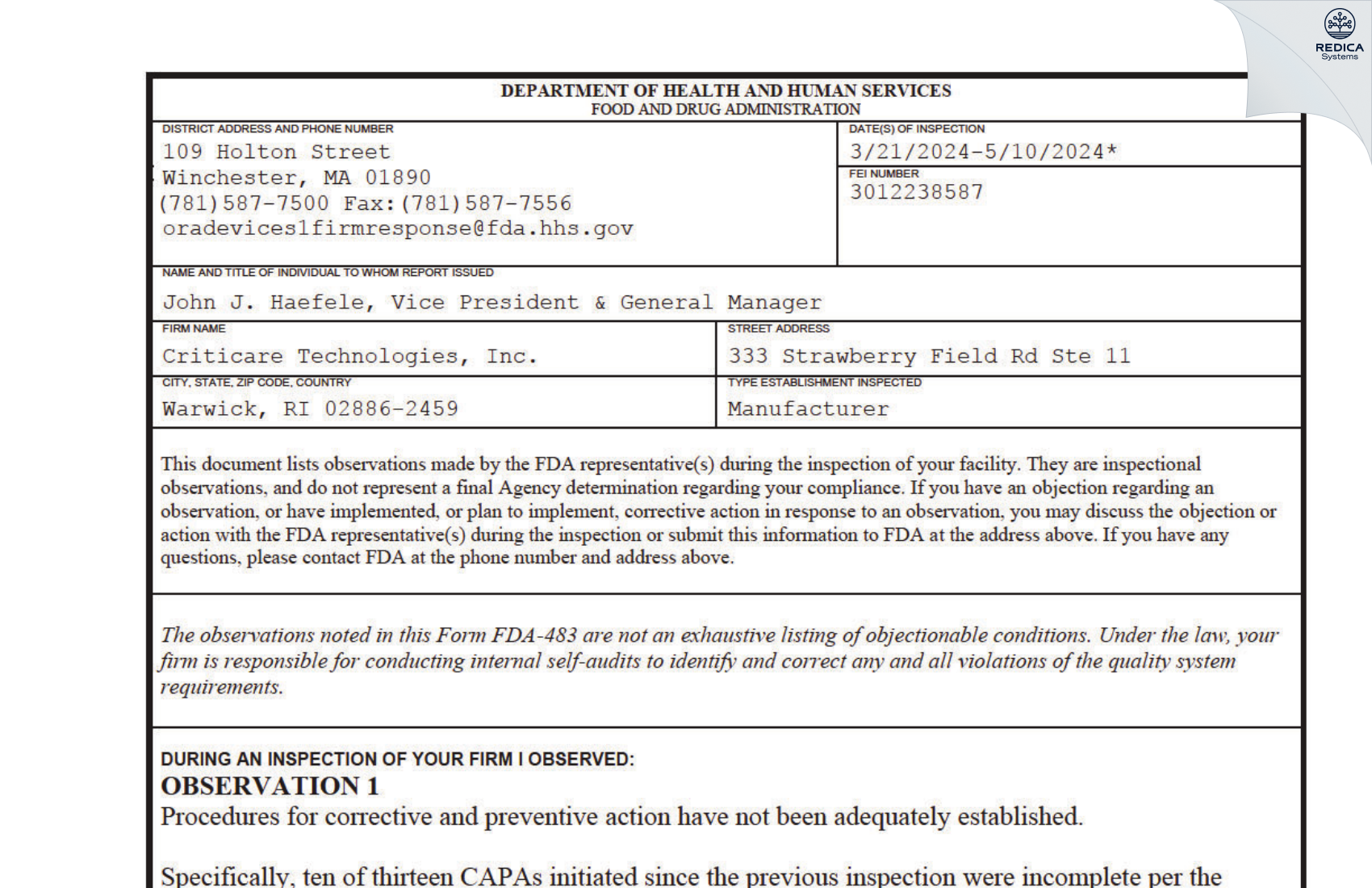 FDA 483 - Criticare Technologies, Inc. [Warwick / United States of America] - Download PDF - Redica Systems