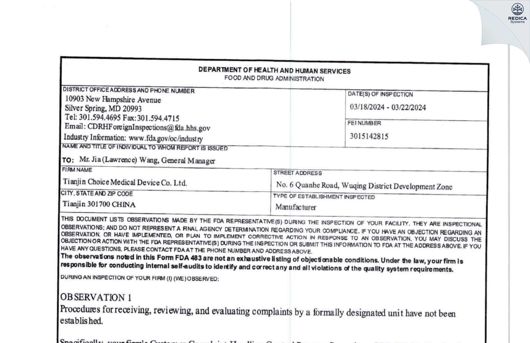 FDA 483 - Tianjin Choice Medical Devices Co., Ltd. [Chuo / Japan] - Download PDF - Redica Systems