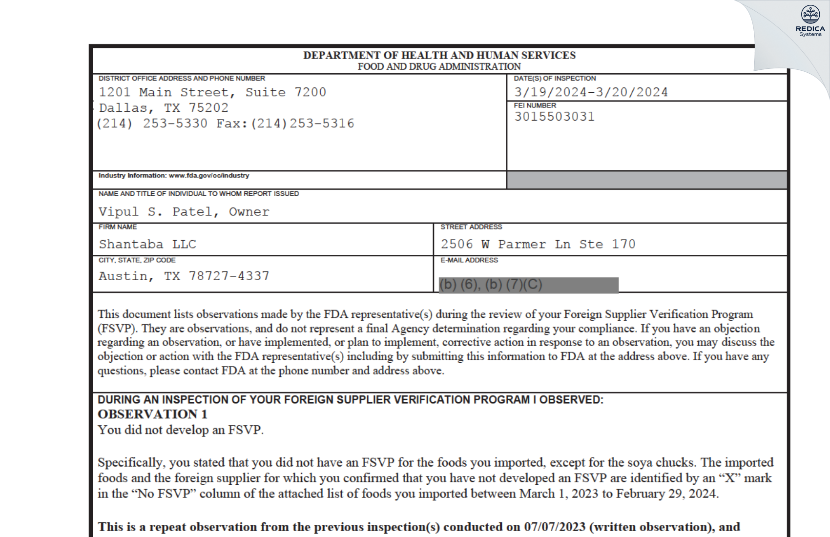 FDA 483 - Shantaba LLC [Austin / United States of America] - Download PDF - Redica Systems
