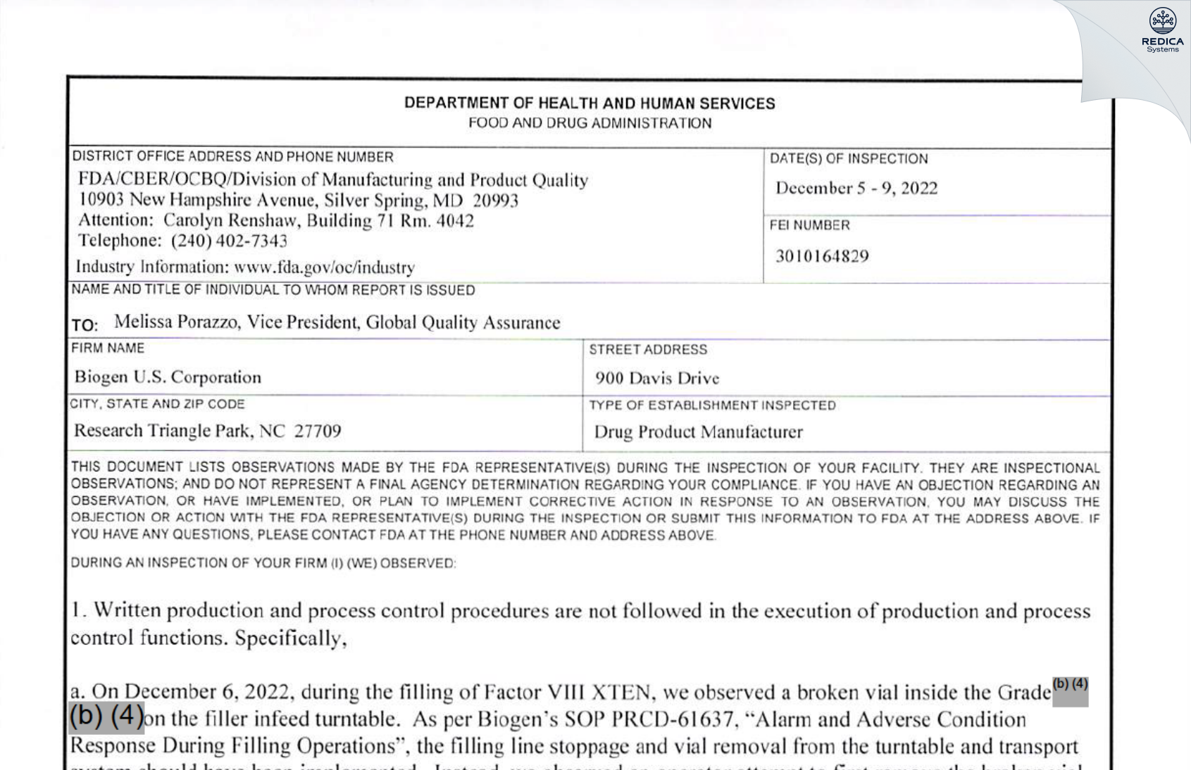 FDA 483 - Biogen U.S. Corporation [Durham / United States of America] - Download PDF - Redica Systems