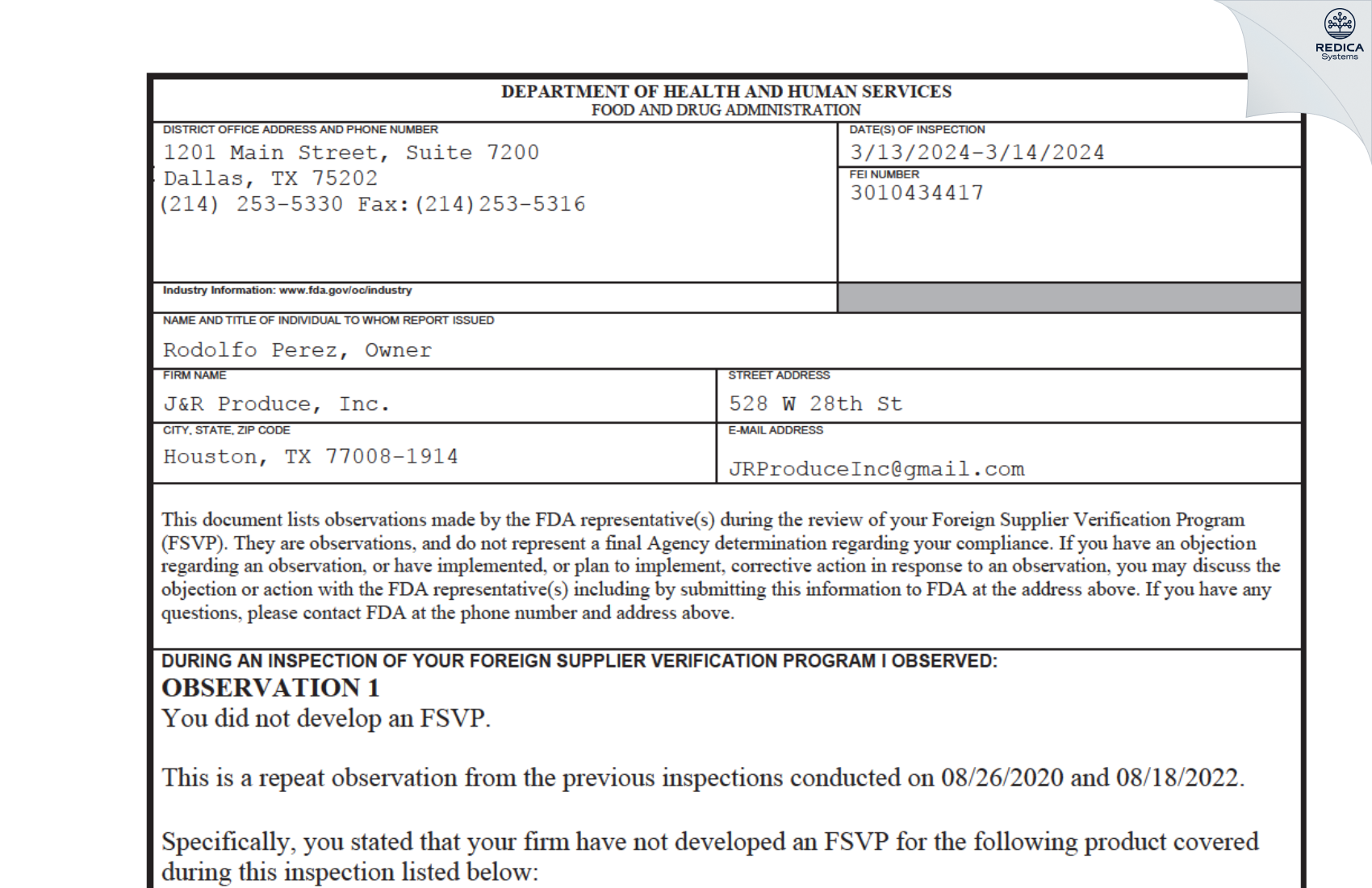 FDA 483 - J&R Produce, Inc. [Houston / United States of America] - Download PDF - Redica Systems