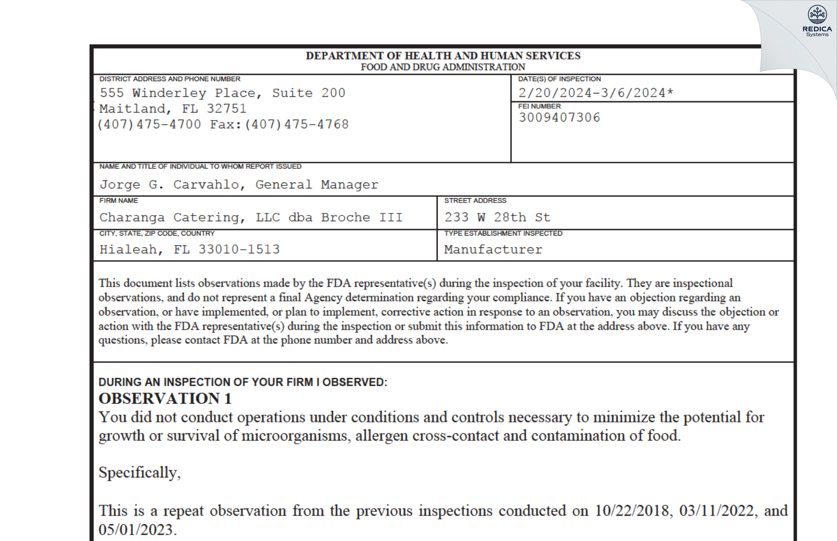 FDA 483 - Charanga Catering, LLC dba Broche III [Hialeah / United States of America] - Download PDF - Redica Systems