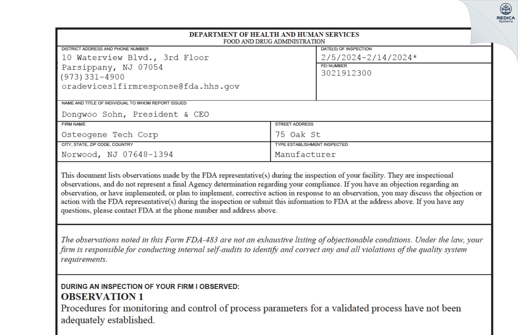 FDA 483 - Osteogene Tech Corp [Norwood / United States of America] - Download PDF - Redica Systems