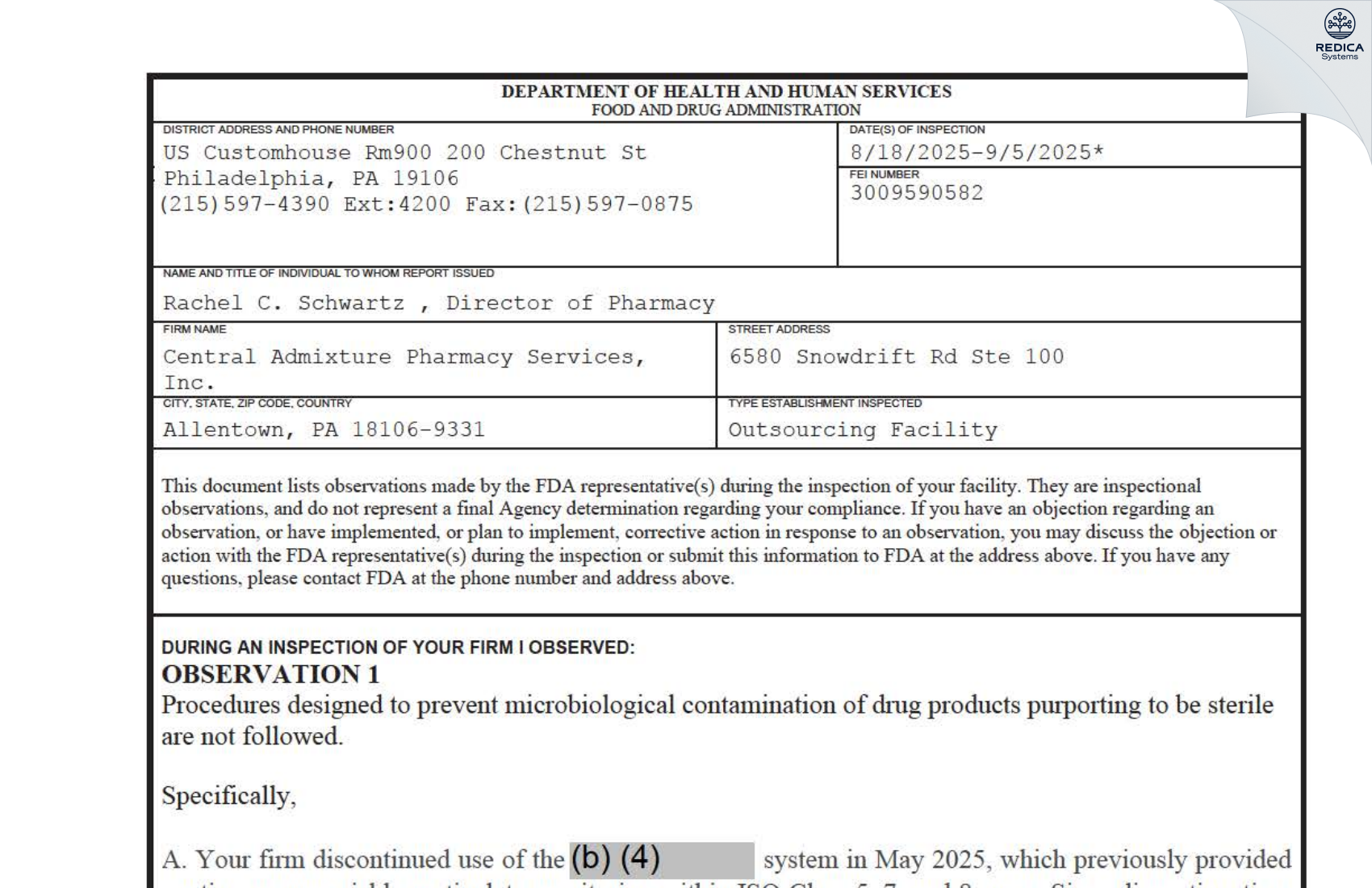 FDA 483 - Central Admixture Pharmacy Services, Inc. [Allentown / United States of America] - Download PDF - Redica Systems