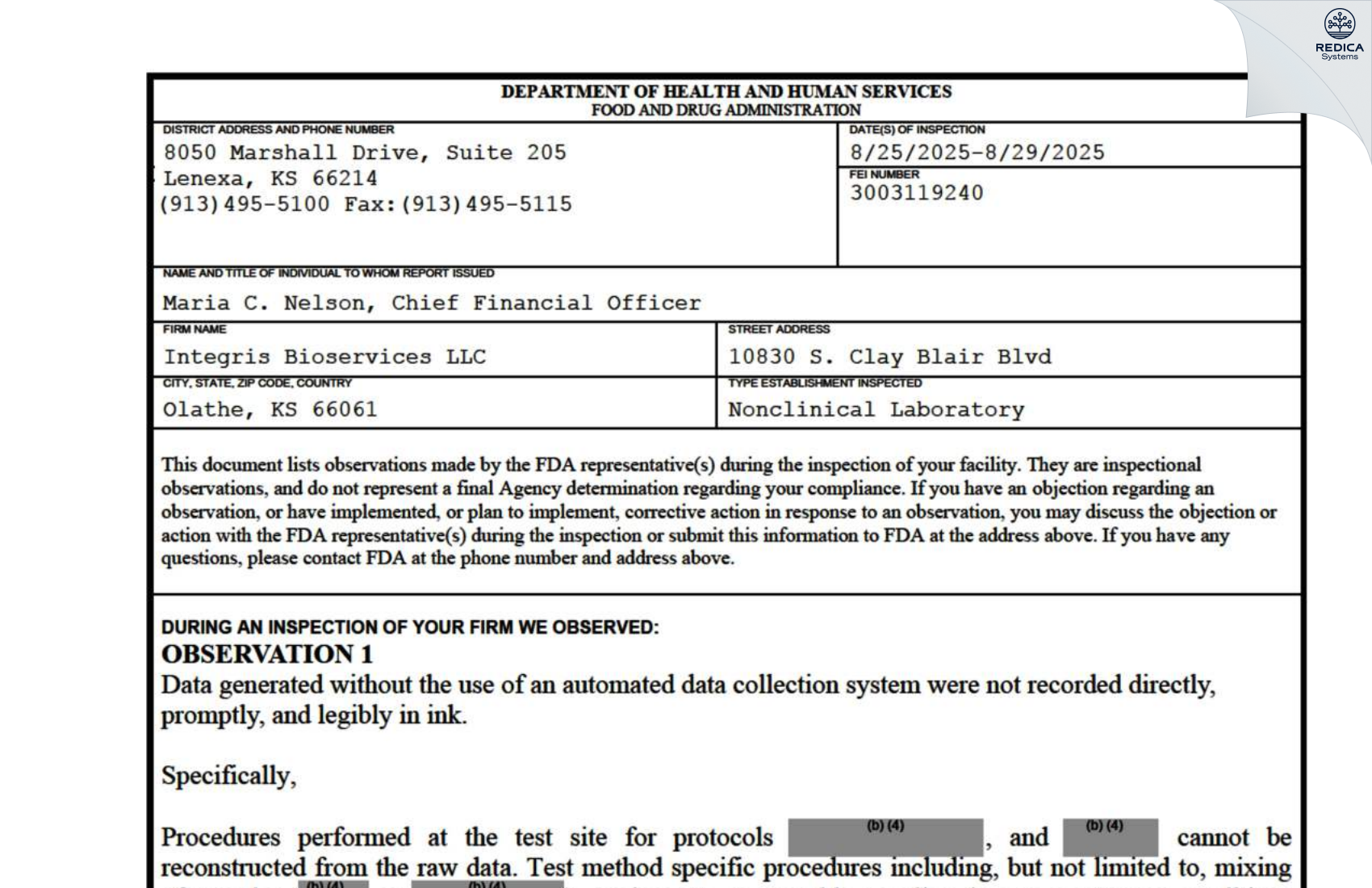 FDA 483 - Integris Bioservices LLC [Shawnee / United States of America] - Download PDF - Redica Systems