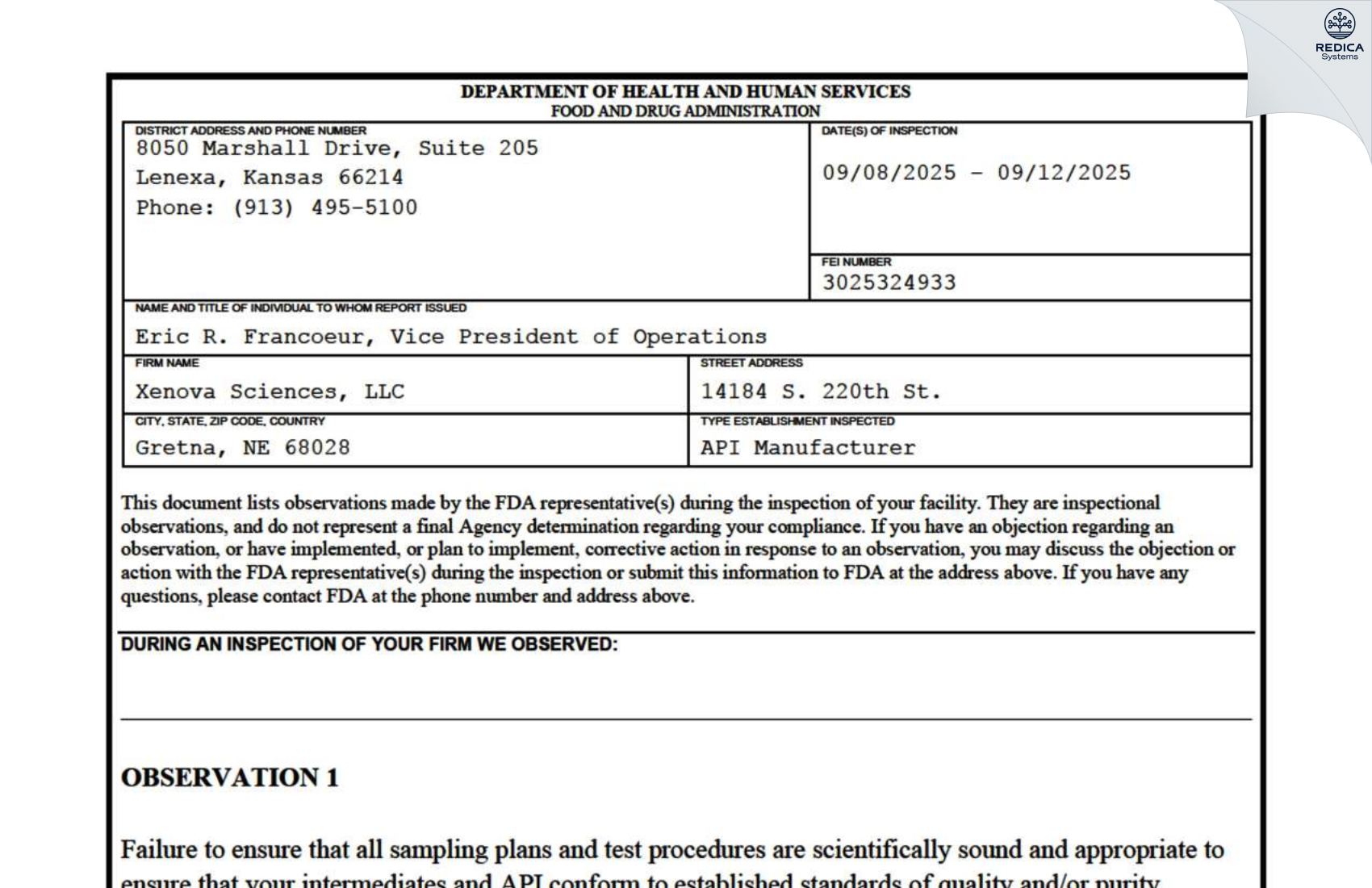FDA 483 - Xenova Sciences, LLC [Gretna / United States of America] - Download PDF - Redica Systems