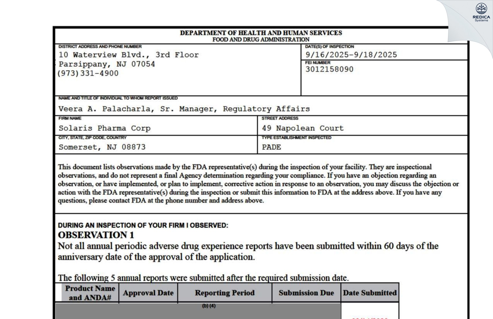 FDA 483 - Solaris Pharma Corporation [Bridgewater / United States of America] - Download PDF - Redica Systems