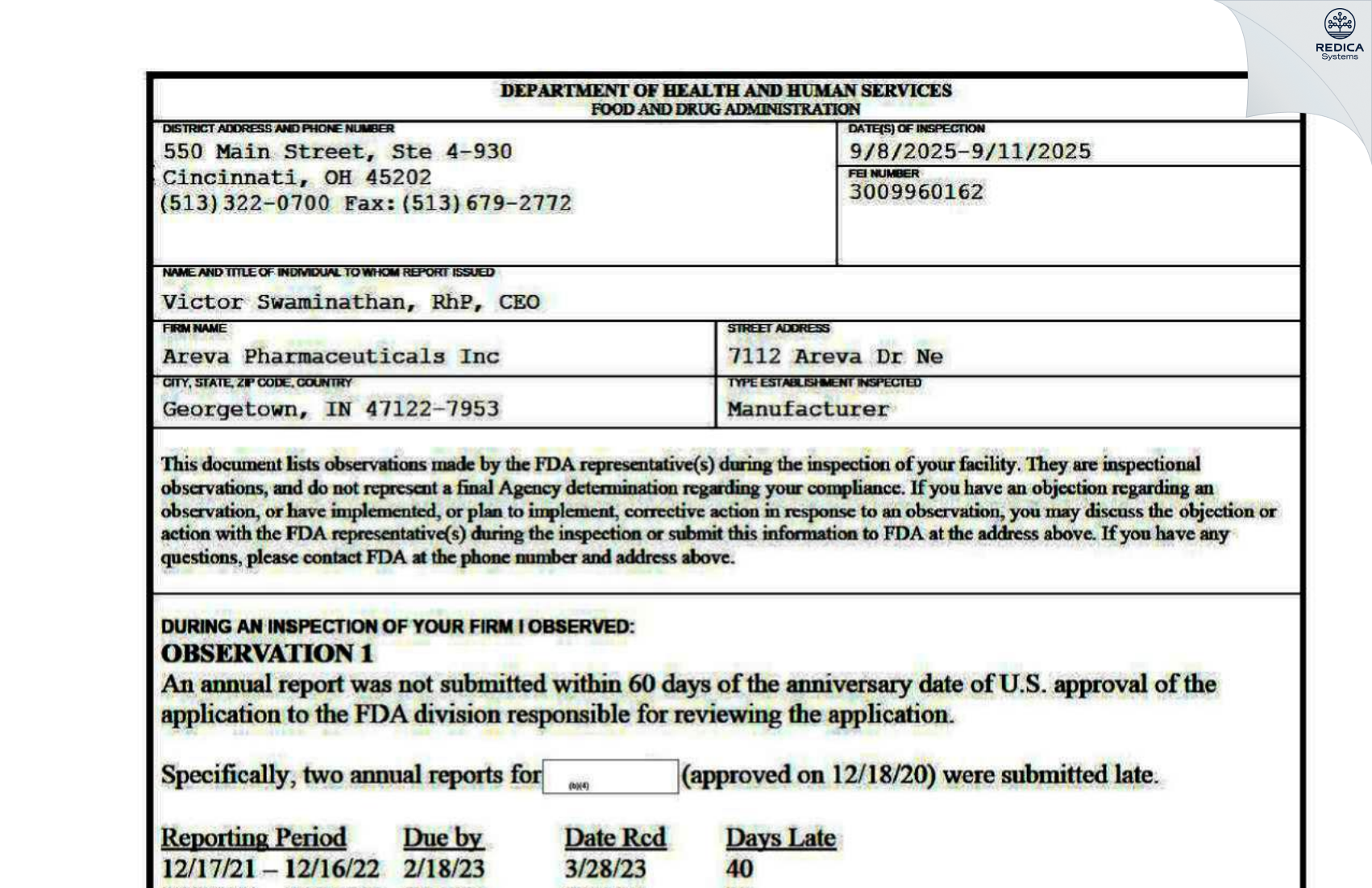 FDA 483 - Areva Pharmaceuticals Inc [Georgetown / United States of America] - Download PDF - Redica Systems