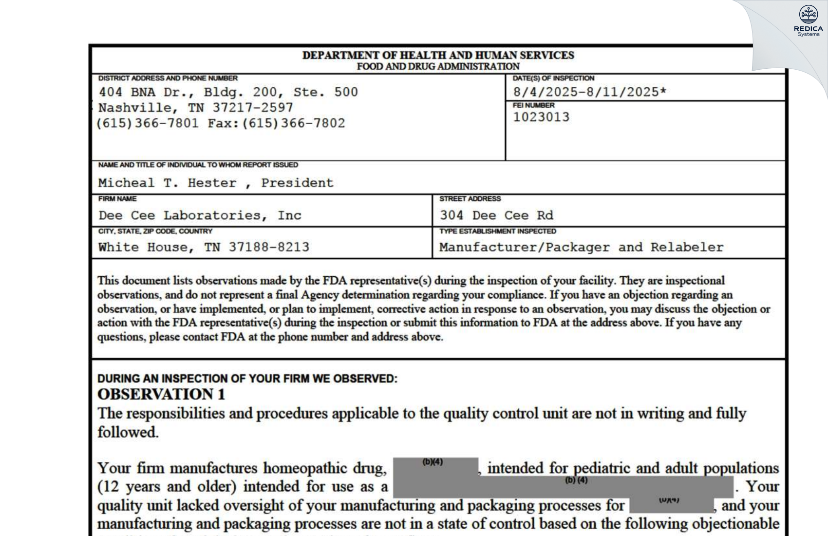 FDA 483 - Dee Cee Laboratories [White House / United States of America] - Download PDF - Redica Systems