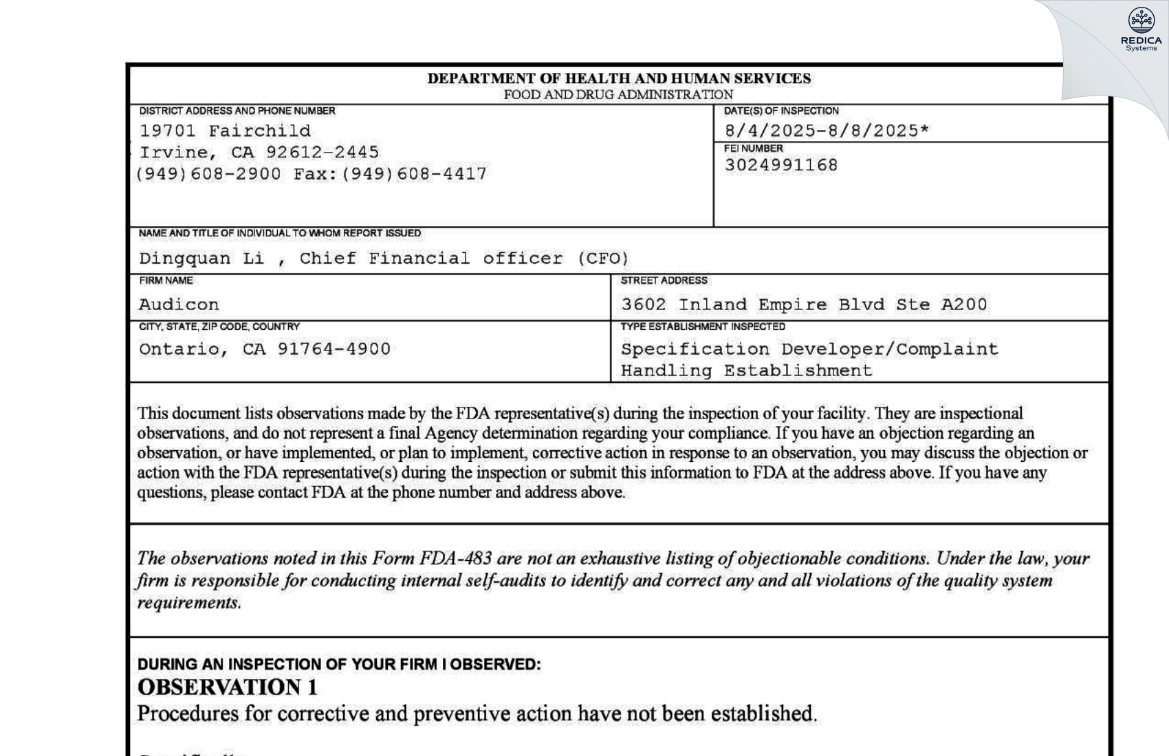 FDA 483 - AUDICON [Ontario / United States of America] - Download PDF - Redica Systems