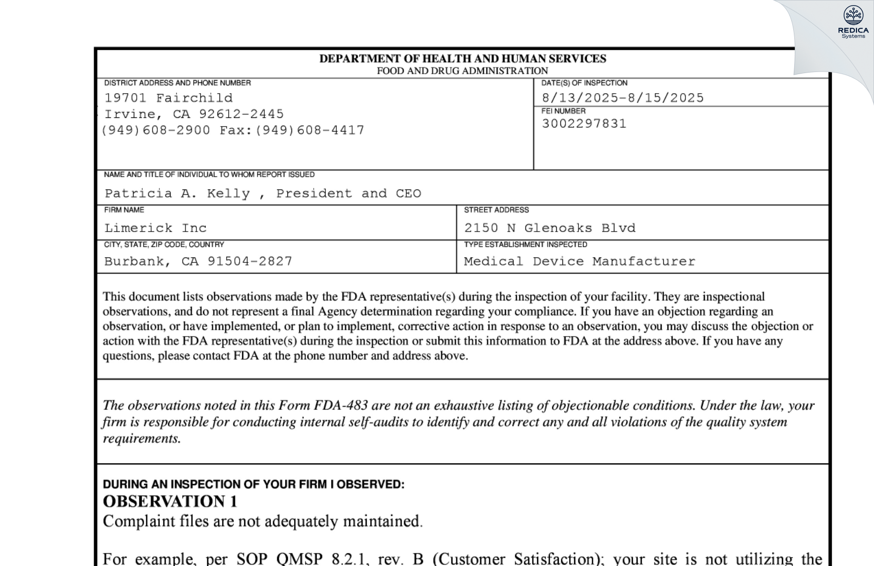 FDA 483 - Limerick Inc [Burbank / United States of America] - Download PDF - Redica Systems