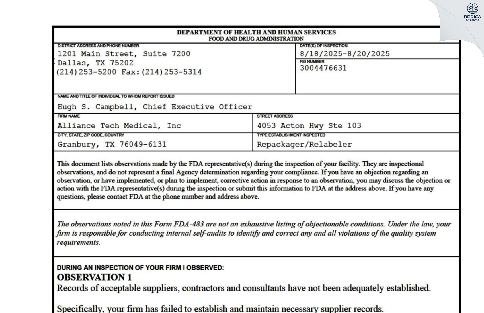 FDA 483 - Alliance Tech Medical, Inc [Granbury / United States of America] - Download PDF - Redica Systems