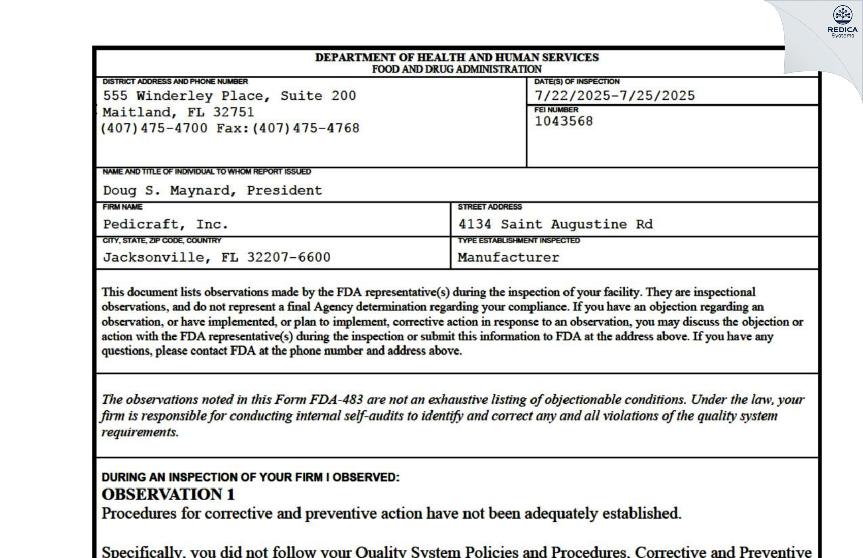 FDA 483 - Pedicraft, Inc. [Jacksonville / United States of America] - Download PDF - Redica Systems