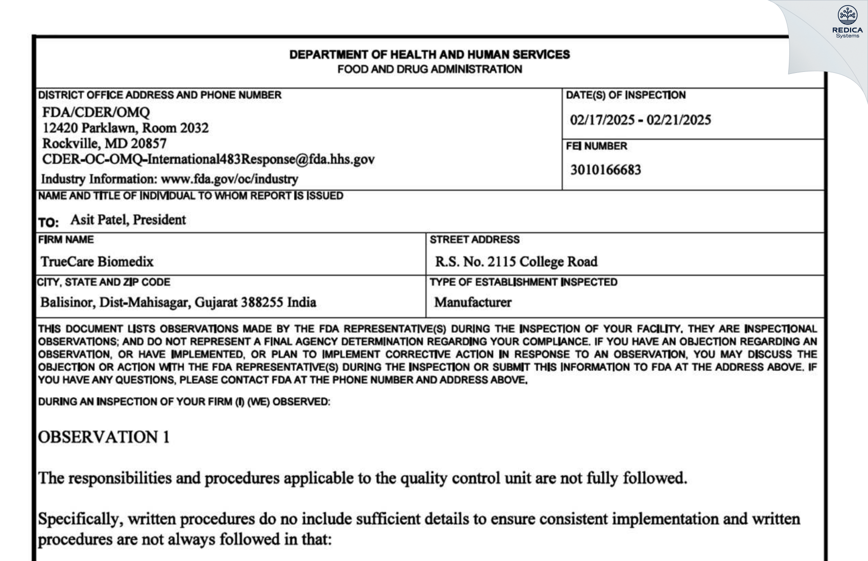 FDA 483 - TRUECARE BIOMEDIX [Balasinor / India] - Download PDF - Redica Systems