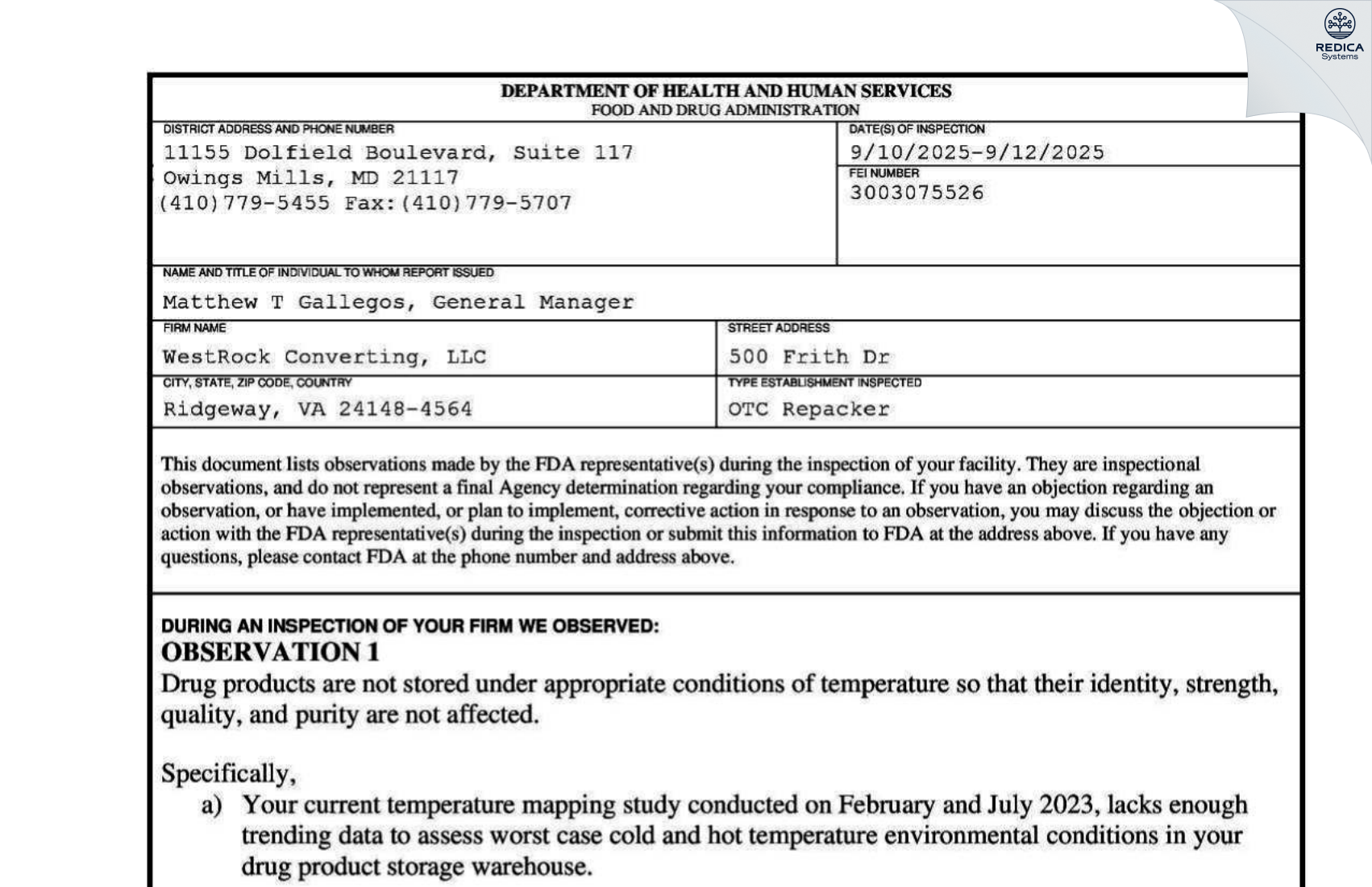 FDA 483 - WestRock Converting, LLC [Ridgeway / United States of America] - Download PDF - Redica Systems