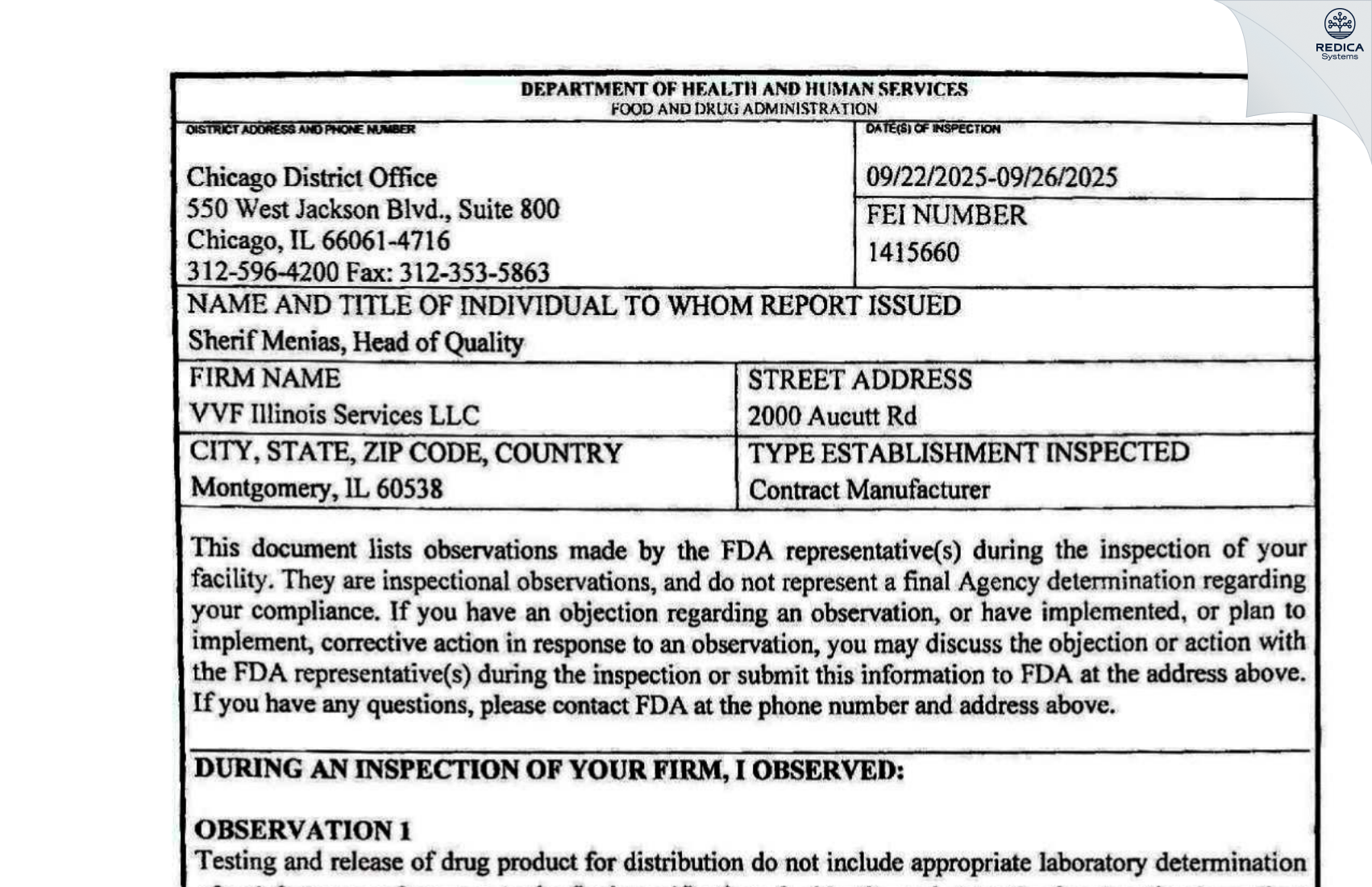 FDA 483 - VVF ILLINOIS SERVICES LLC [Montgomery / United States of America] - Download PDF - Redica Systems