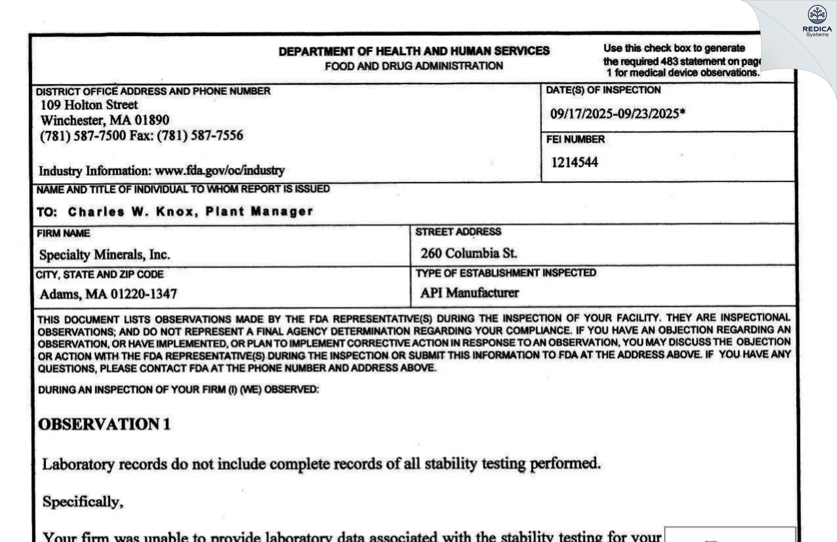FDA 483 - Specialty Minerals Incorporated [Adams / United States of America] - Download PDF - Redica Systems
