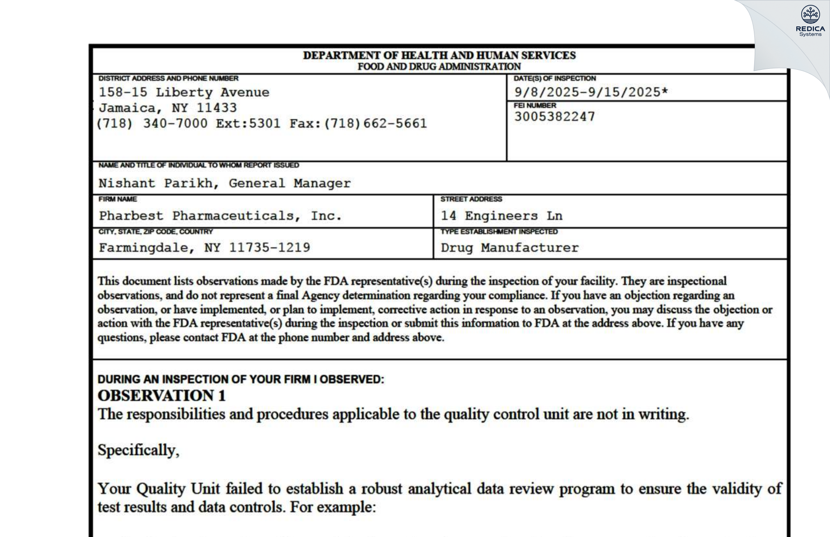 FDA 483 - Pharbest Pharmaceuticals, Inc. [Farmingdale / United States of America] - Download PDF - Redica Systems
