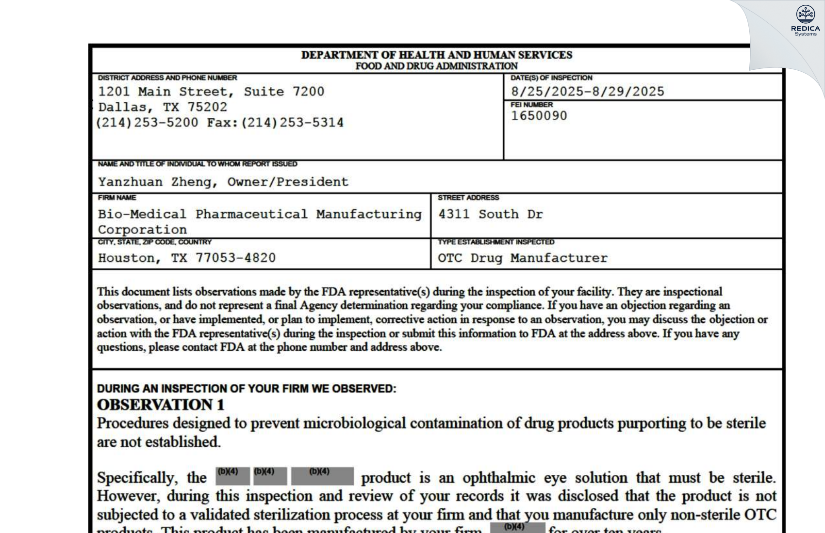 FDA 483 - Bio-Medical Pharmaceutical Manufacturing Corporation [Houston / United States of America] - Download PDF - Redica Systems