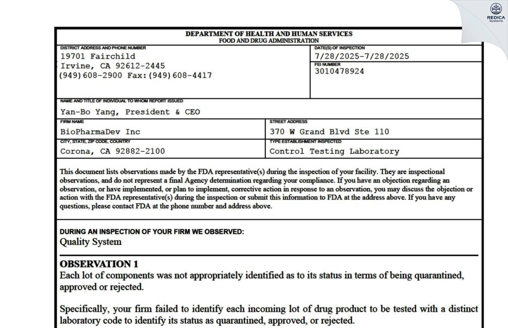 FDA 483 - BioPharmaDev, Inc. [Corona / United States of America] - Download PDF - Redica Systems